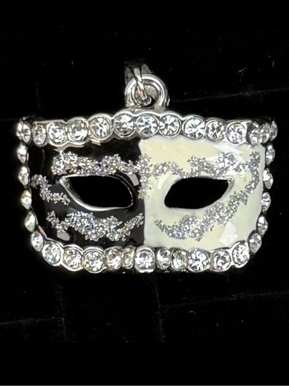 Vintage Masquerade Mask Pendant Black White Silver Tone Sparkle Rhinestone Glam